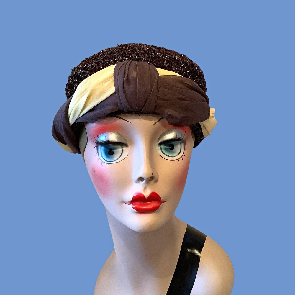 Womens Vtg Brown Cellophane Straw Hat Silk Trim Great Gatsby Party/Cocktail Hat